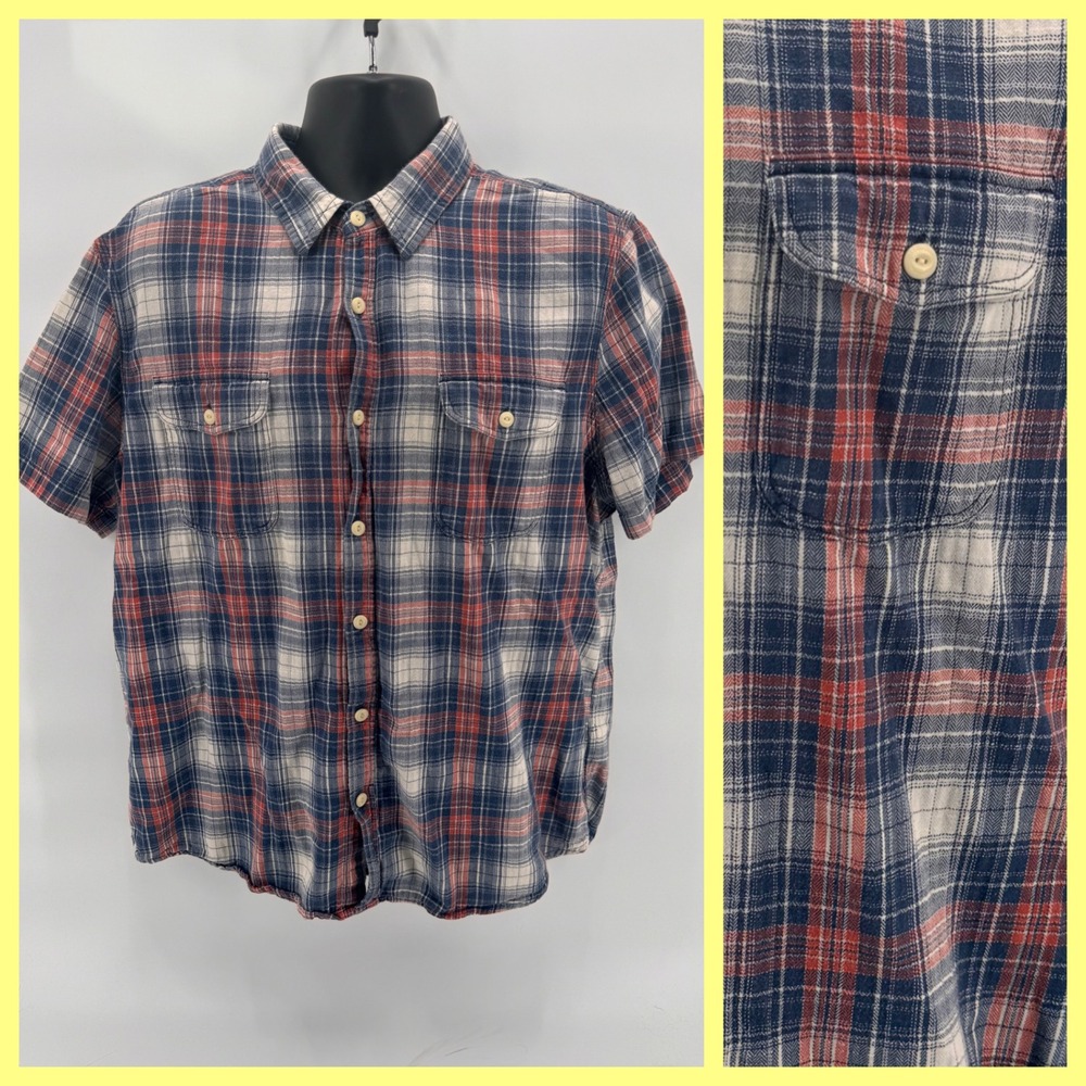 Roebuck & Co Mens XL Short Sleeve‎ Plaid Button Up Shirt  Recycled Blue